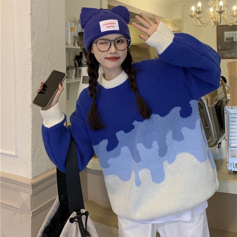 Áo Sweater Dệt Kim Dáng Rộng Cổ Tròn Phối Màu Hàng Mới Cho Nữ