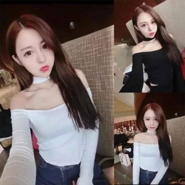 Áo Trễ Vai Cổ Choker Dài Tay Chất Liệu Cotton Thoáng Mát Nhiều Màu Freesize dưới 55kg