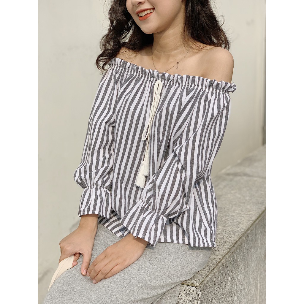áo trễ vai đũi kẻ sọc to ngực dây nơ TKA200 LOLLIE STUDIO