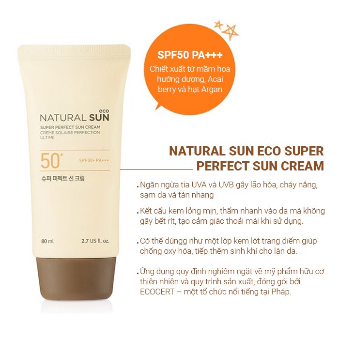 Kem Chống Nắng TheFaceShop Natural Sun Eco Super Perfect Sun Cream 50+Pa+++ 80ml