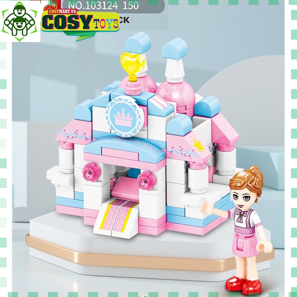 Đồ chơi lắp ghép xếp hình Lâu đài công chúa 6 in 1 với 150 mảnh ghép, mẫu lâu đài lớn và nhiều chi tiết cho bé