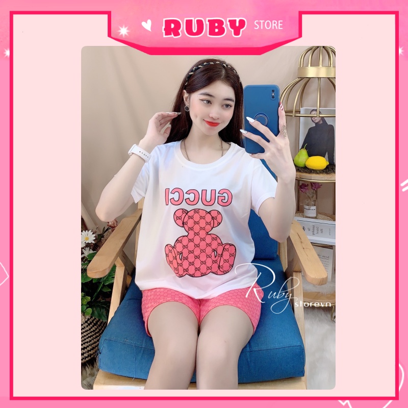 Đồ bộ nữ mặc nhà in Gấu dễ thương, chất thun mềm mịn Free Size Dưới 47KG ❤ Rubystorevn