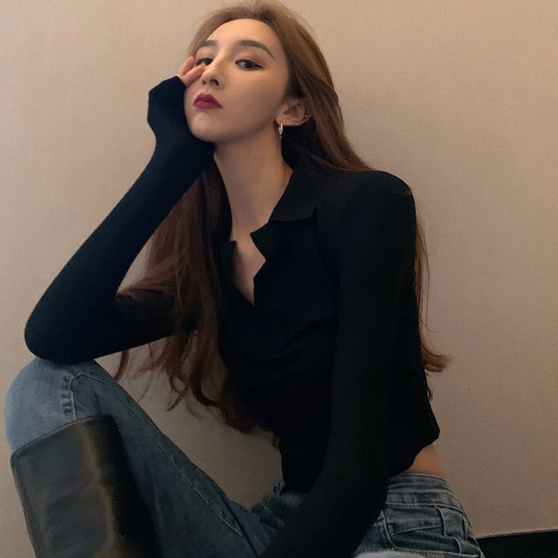 Áo Thun Lửng Tay Dài Cổ Polo Màu Sắc Đơn Giản Cho Nữ