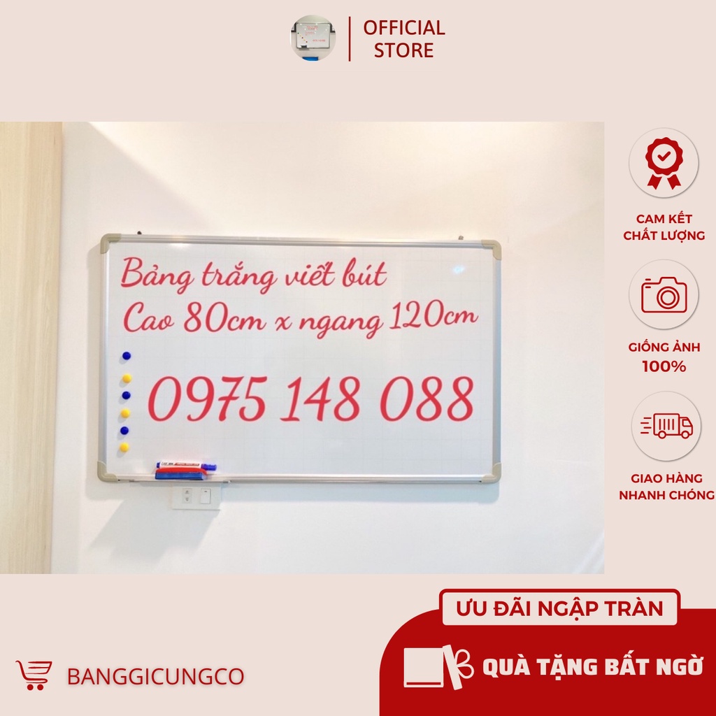 Bảng từ trắng viết bút chống lóa, KT:0.8x1.2m [ Bảo Hành 24 tháng] tặng 1 bút, 1 bông lau và 6 viên nam châm