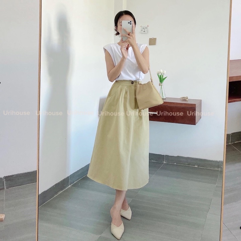 Urihouse - Chân váy kaki dáng dài midi chữ A màu kem cạp chun phía sau