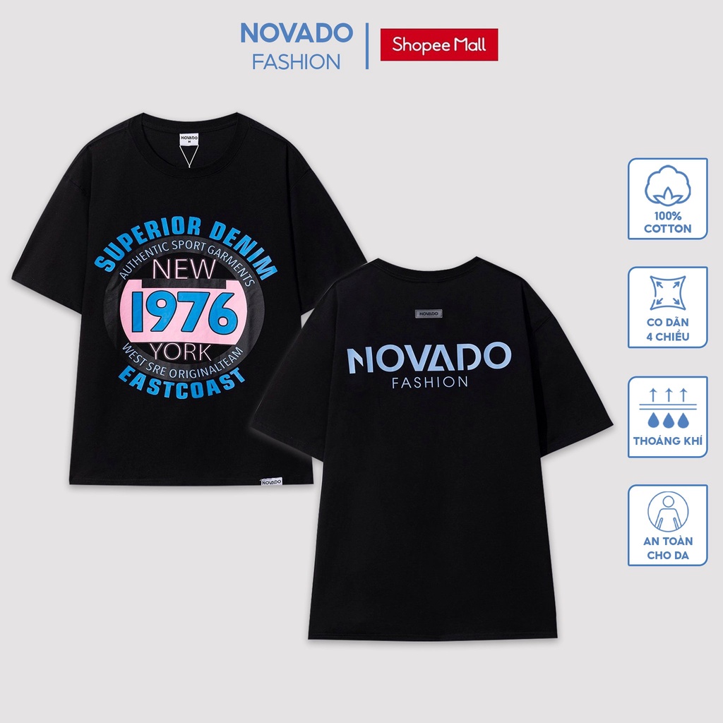 Áo Phông Form Rộng Unisex Novado Fashion New York 1976 Cotton 4 Chiều Nam / Nữ Dày Dặn Thoáng Mát Đen N10Đ-NY