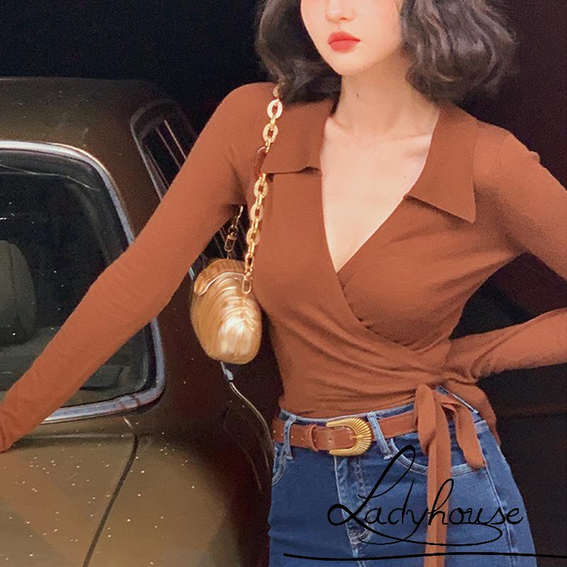 Áo Croptop Dệt Kim Tay Dài Cổ Chữ V Màu Sắc Trơn Quyến Rũ Cho Nữ