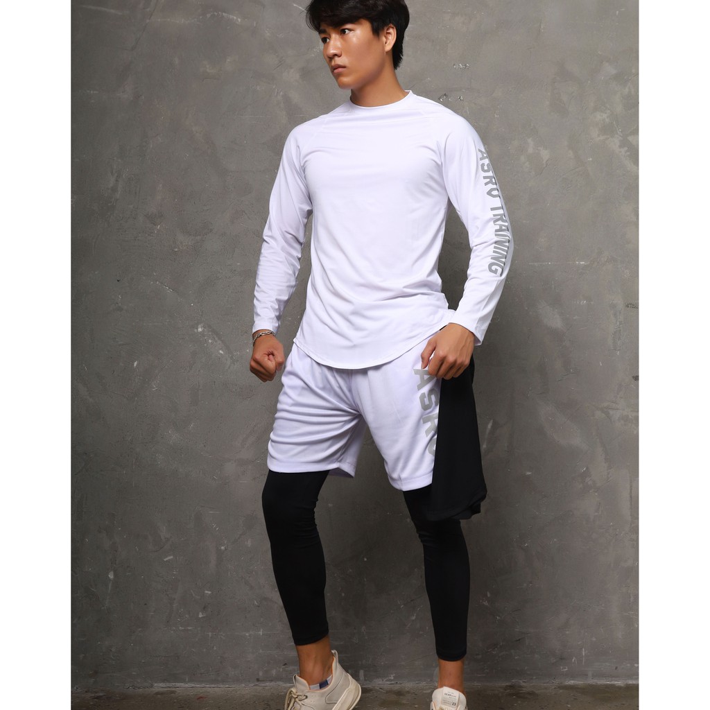 Bộ Đồ Tập Gym Nam ASRV Training Thun Lạnh 4C Kết Hợp Quần Legging 2 lớp và Áo Gym Dài Tay