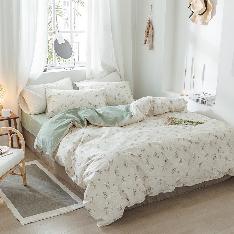 Bộ chăn ga và vỏ gối cotton living cao cấp mẫu hoa nhí vintage