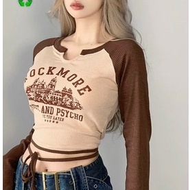 Áo thun kiểu tay dài buộc dây eo hình trước kiểu lạ cá tính