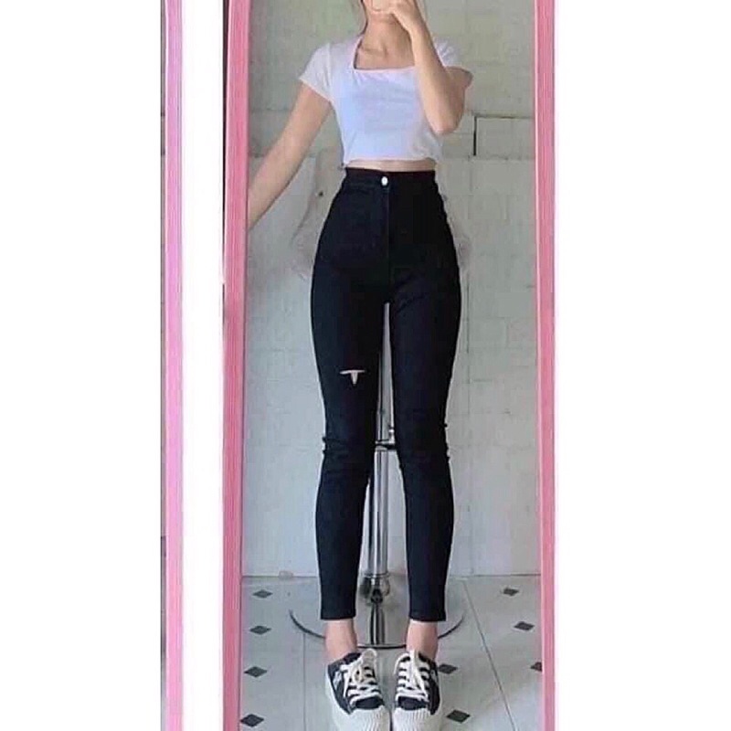 Quần Dài Jean BigSize  Màu Đen Rách  - Lưng Siêu Cao - Form Ôm - Quần Bò Lưng Cao - Cạp Cao