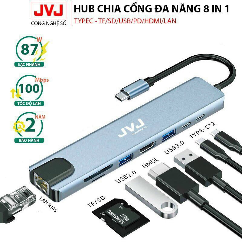 Hub CHIA CỔNG Type C hãng JVJ C8 đa năng 8 Cổng HDMI USB 3.0 SD TF LAN Gigabit RJ45 tốc độ truyền mạ