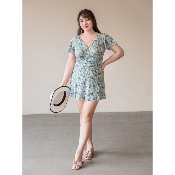 Bộ đồ bơi nữ liền thân dáng váy họa tiết lá có size lớn