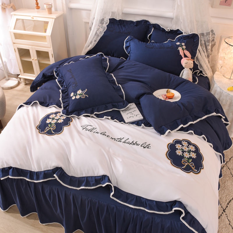 Korean princess style four seasons cotton bed skirt four piece set net red embroidered quilt cover lace bedspread sheet fitted sheet bedspread