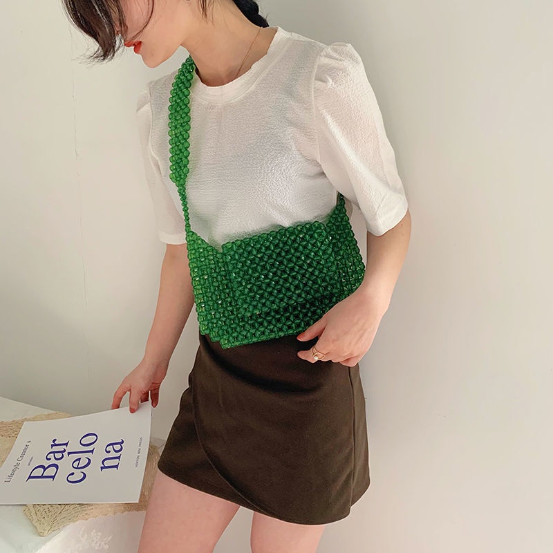 Túi Xách Đeo Vai Đính Hạt Ngọc Lục Bảo Thủ Công Phong Cách Retro
