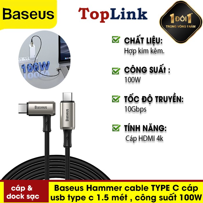 Cáp USB  Baseus Hammer Cable TYPE C  1.5 Mét , Công Suất 100W Tốc Độ Truyền Tải 10Gbps. Cho Macbook Ipad Pro