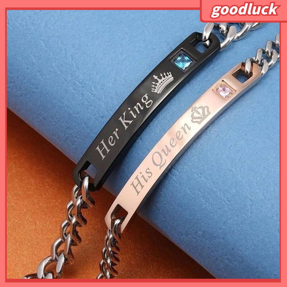 Vòng tay đôi in chữ His Queen Her King và vương miện thời trang