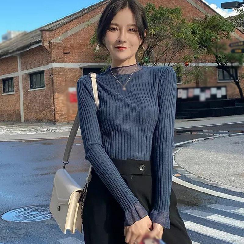 Áo Dệt Kim Dài Tay Cổ Tròn Phối Ren Màu Trơn Phong Cách Hàn Quốc