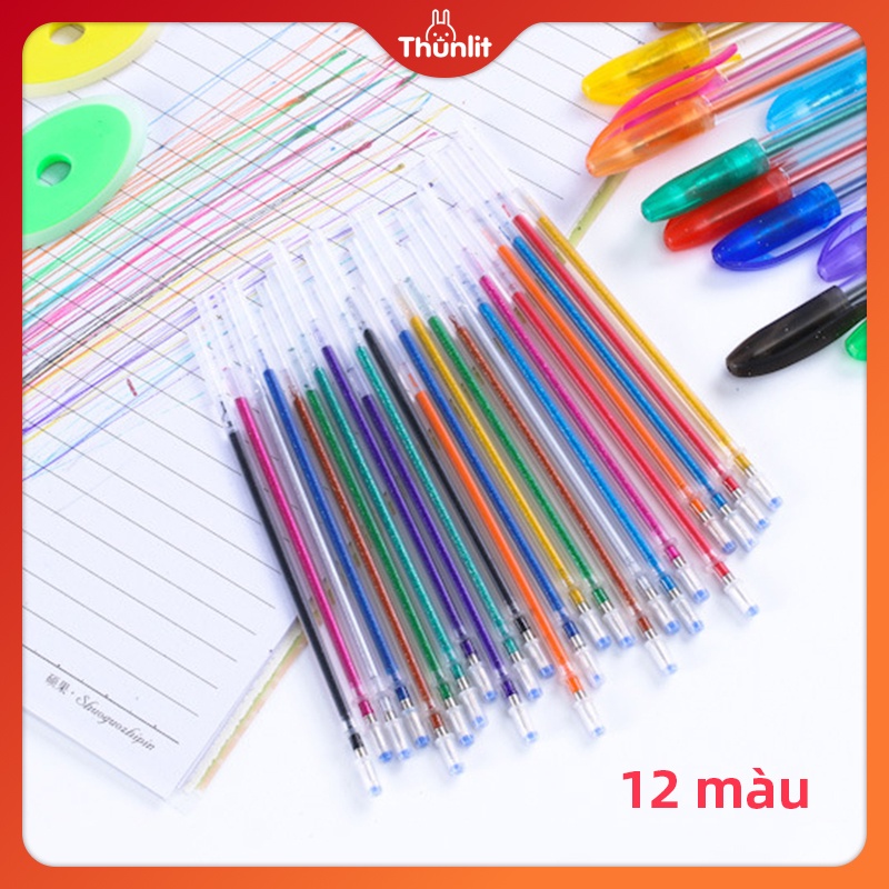 Set 12 ruột bút mực gel THUNLIT nhiều màu sắc dạ quang lấp lánh khác nhau ngòi 1.0mm 13cm dành cho trường học văn phòng
