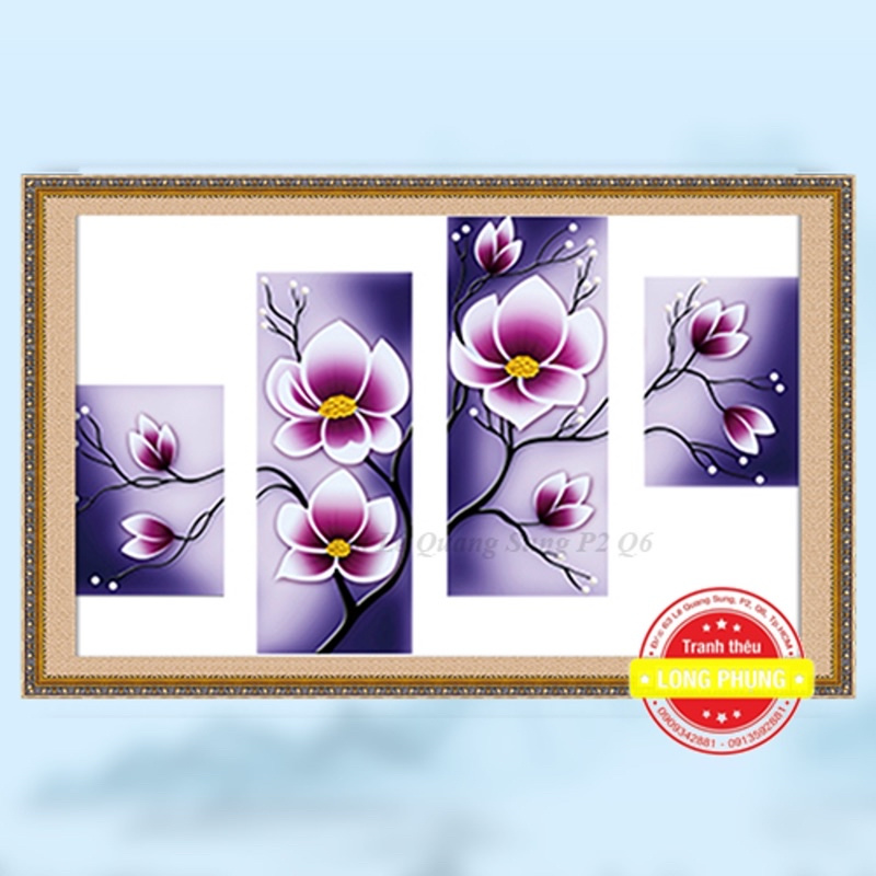 Tranh đính đá hoa tím 4 bức BÔNG HOA 131*75 - DF-2581
