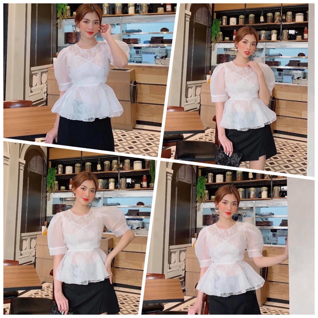 Set áo ren tay phồng peplum sang chảnh cùng chân váy xẻ tà chất tuyết mưa dày dặn, form chuẩn Sun Fashion