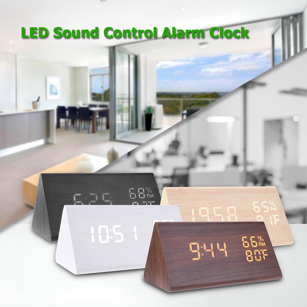 USB Wood LED Sound Control Alarm Clock Thermometer Timer Calendar Display