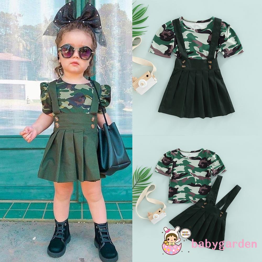 Set Áo Tay Phồng 9 Tháng - 4 Tuổi Họa Tiết Rằn Ri + Váy Yếm Màu Xanh Quân Đội Cho Bé Gái