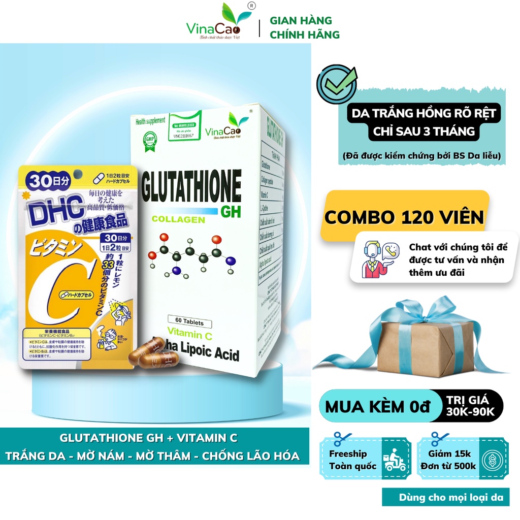 [1 THÁNG] Combo Glutathione Collagen GH và Vitamin C DHC trắng da, mờ nám, mờ thâm sạm, tăng sức đề kháng