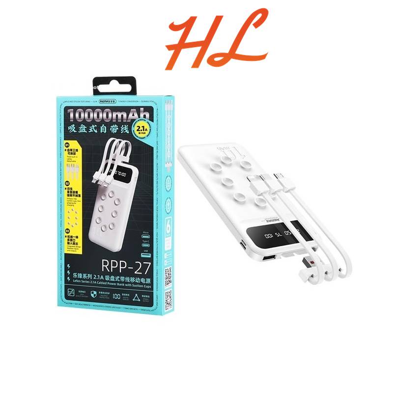 Pin Dự Phòng Remax 10000mAh RPP-27 (Kèm Cáp Sạc 3 Đầu, Tích Hợp Cao Su Giữ Điện Thoại) - BH 12T - Hunglongpc