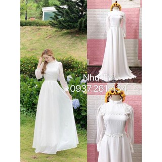 (free chỉnh sửa váy) đầm maxi trắng tay dài váy xòe, đầm maxi trắng tiểu thư kín đáo, đầm maxi trắng chụp ảnh cưới