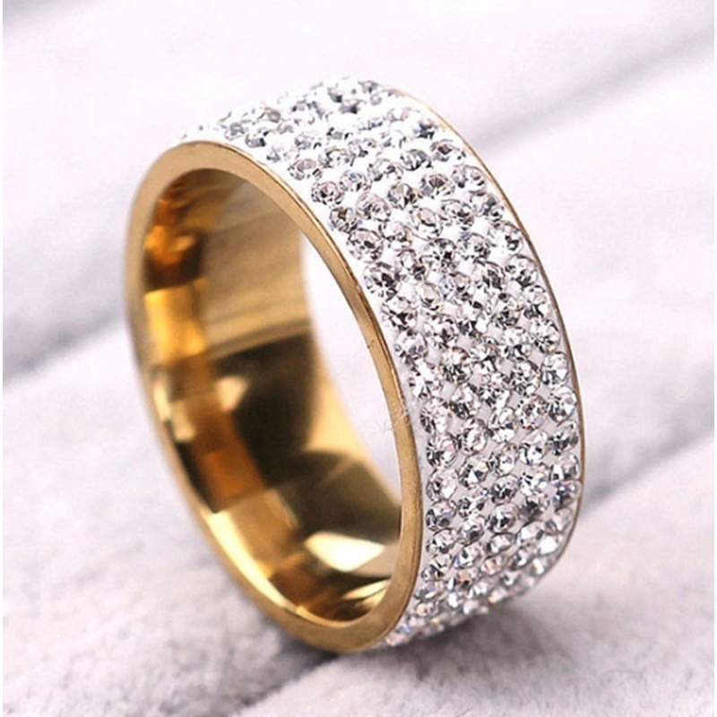 Nhẫn Đính Hôn Bằng Thép Không Gỉ 5 Hàng Pha Lê Trong Suốt Thời Trang