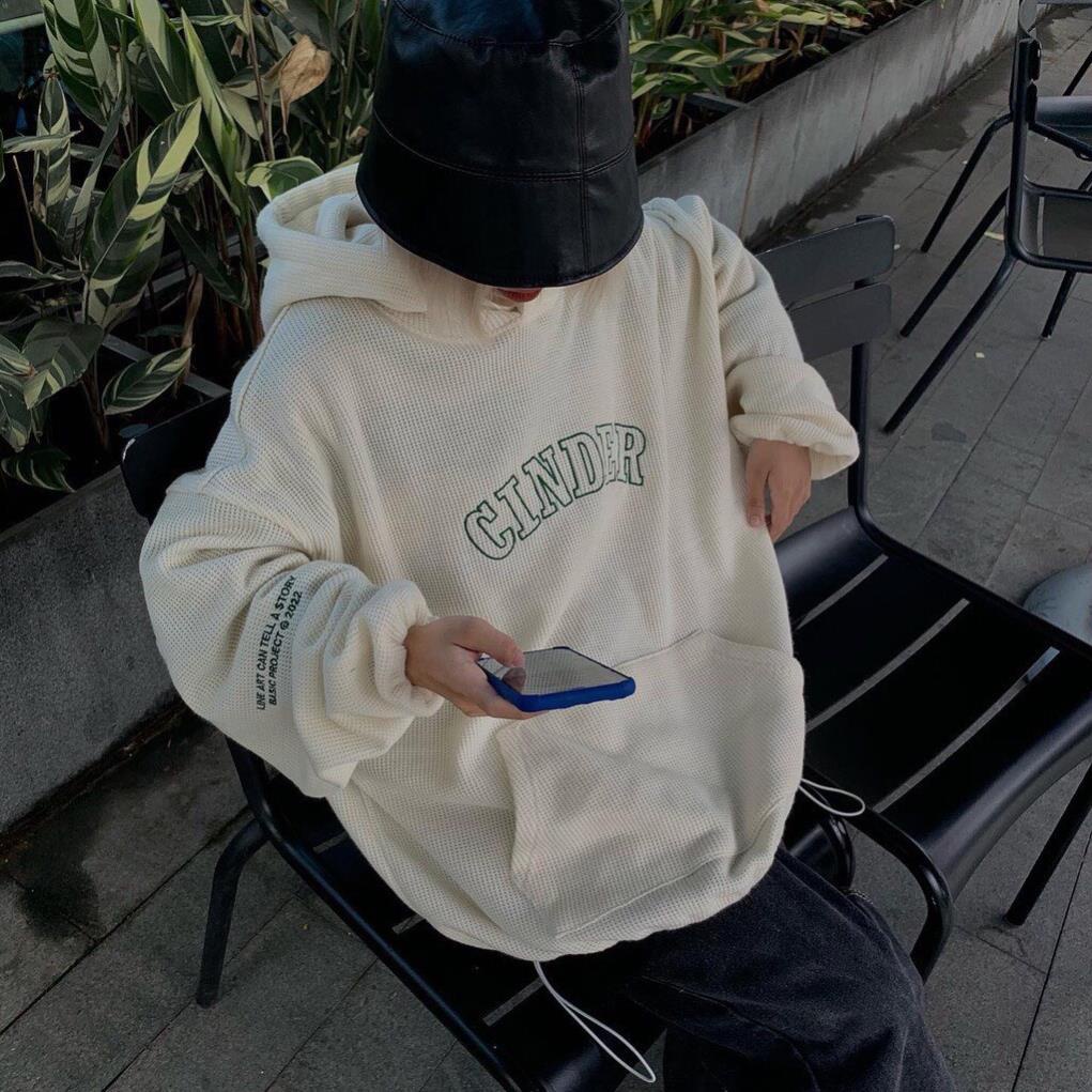 Hoodie Chất Xốp Thêu Chữ Cinder Dáng Rộng Mũ 2 Lớp Form To Nam Nữ Unisex Kiểu Dáng Trẻ Trung