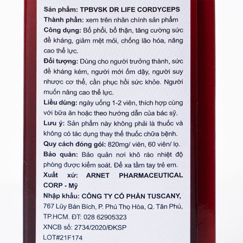 Viên Uống Đông Trùng Hạ Thảo  Dr Life Natural Herb Cordyceps 1500Mg 60V