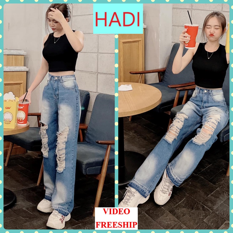 [ORDM3549] QUẦN JEANS ỐNG RỘNG NỮ LƯNG CAO RÁCH CÀO ĐÙI DÀI CHỮ NHẬT XANH PHUN TRẮNG THỜI TRANG CỰC CÁ TÍNH HADI