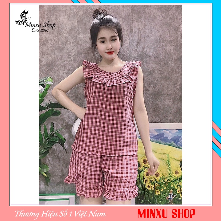 Bộ ngủ nữ kẻ caro áo cộc quần đùi, bộ mặc nhà sát nách chất đũi mềm thoáng mát thấm hút mồ hôi Minxu Shop AF