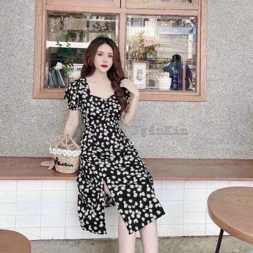 Váy hoa cúc nhí vintage xẻ tà,váy cúc họa mi xinh xắn