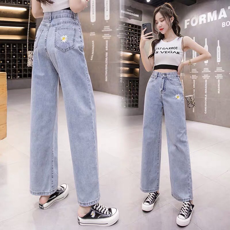 [Mã WASTMAY giảm 15% tối đa 30K đơn 150K] Quần jean nữ ống rộng thêu hoa cúc - Quần jean ống rộng phong cách Hàn Quốc