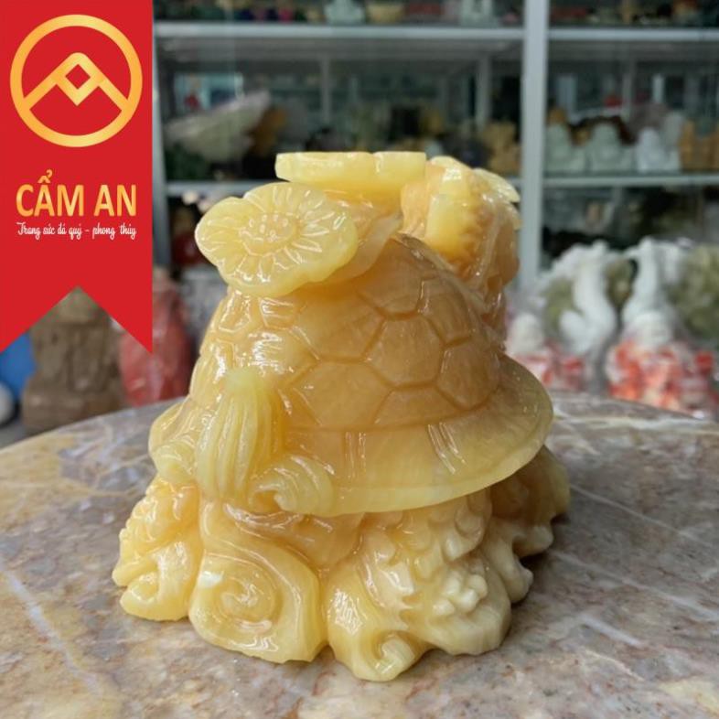 Tượng Long Quy  cõng gậy như ý phong thủy đá ngọc hoàng long Onyx Marble - Dài 15 cm