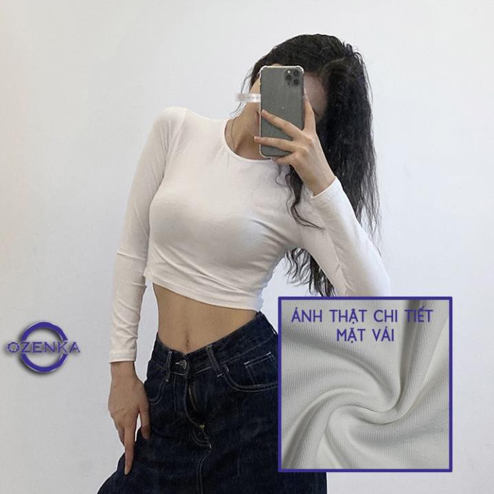 Áo croptop tay dài ôm nữ đen trắng thun gân OZENKA , áo thun crt body 100% cotton free size 40 đến 53 kg CRT 263 ་