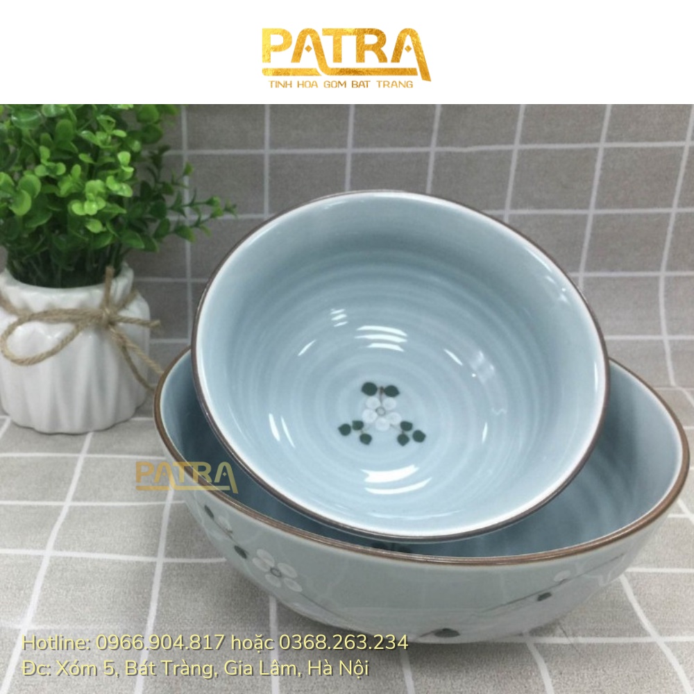 Bát tô sứ, tô canh sứ Bát Tràng cao cấp men lam ngọc vẽ hoa anh đào trắng