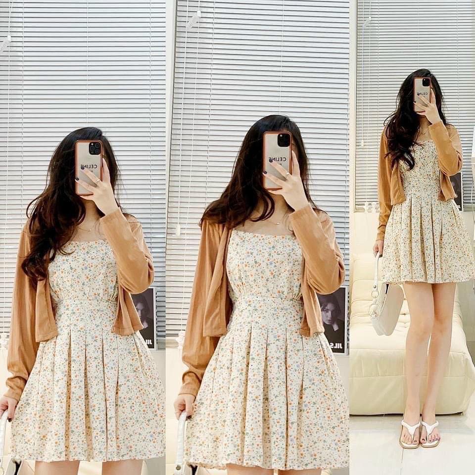 SET Đầm 2 dây hoa nhí tùng xòe kèm Áo khoác màu nâu NÀNG CLOSET