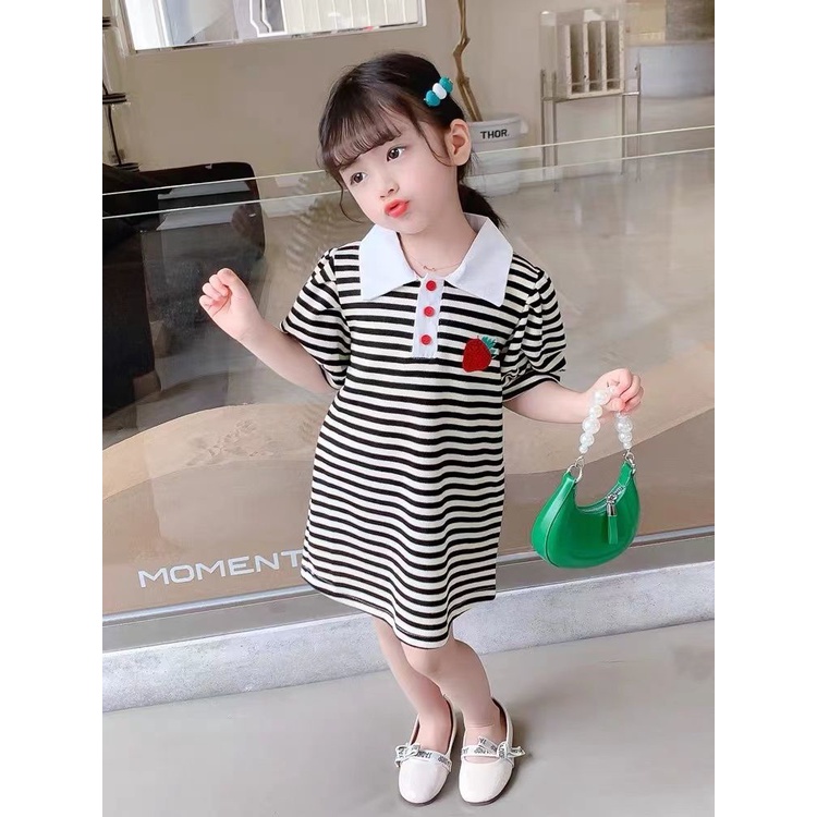 Đầm Thun Ngắn Tay Dáng Rộng Họa Tiết Kẻ Sọc Xinh Xắn Cho Bé Gái
