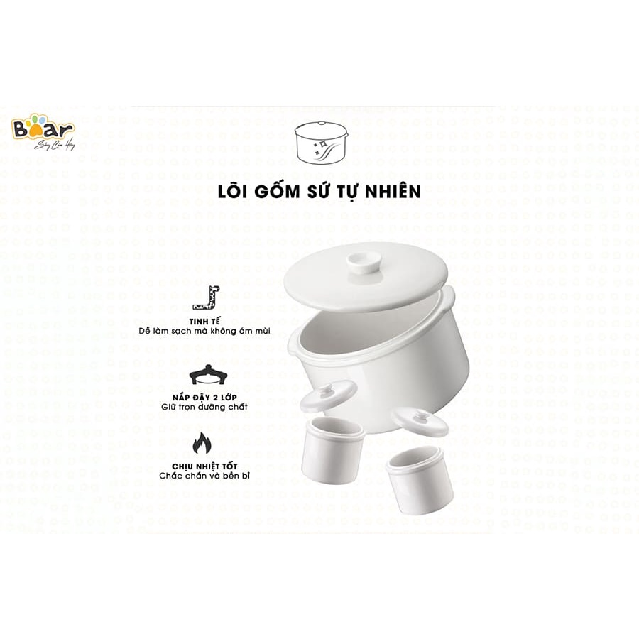 Nồi nấu chậm Bear 1.6L  kèm lồng hấp và 2 thố sứ 7 chức năng bảo hành 12 tháng hàng chính hãng bản quốc tế DDZ-D16J3