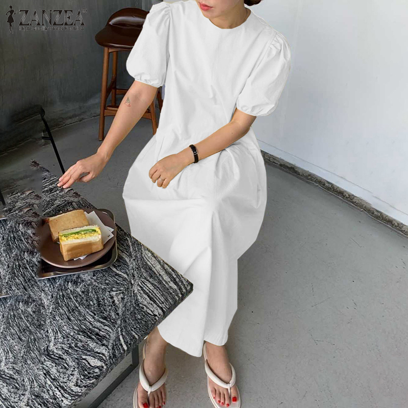 ZANZEA Women Puff Sleeve Side Zipper Pleated Loose Casual Long Dress | BigBuy360 - bigbuy360.vn