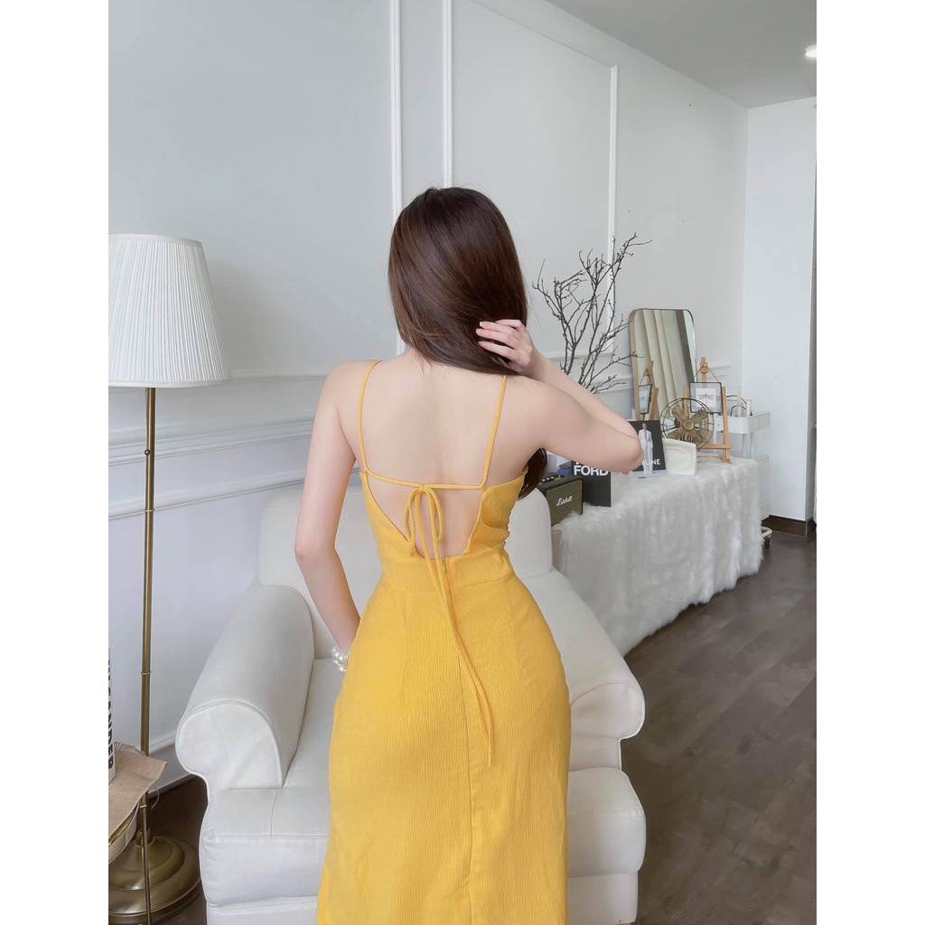 [Ảnh thật] Đầm ôm body 2 dây nhún ngực xẻ tà đính nút bọc cực quyến rũ