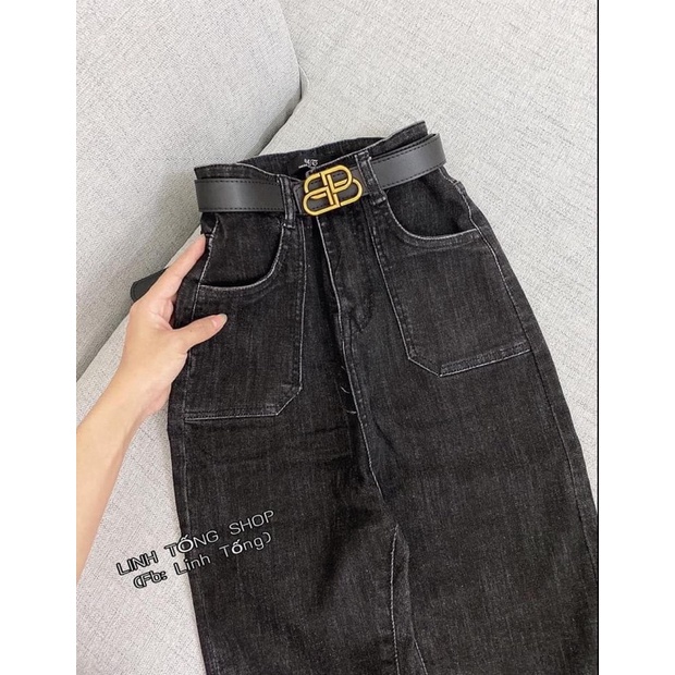Quần jeans ôm giãn túi vuông cạp cao