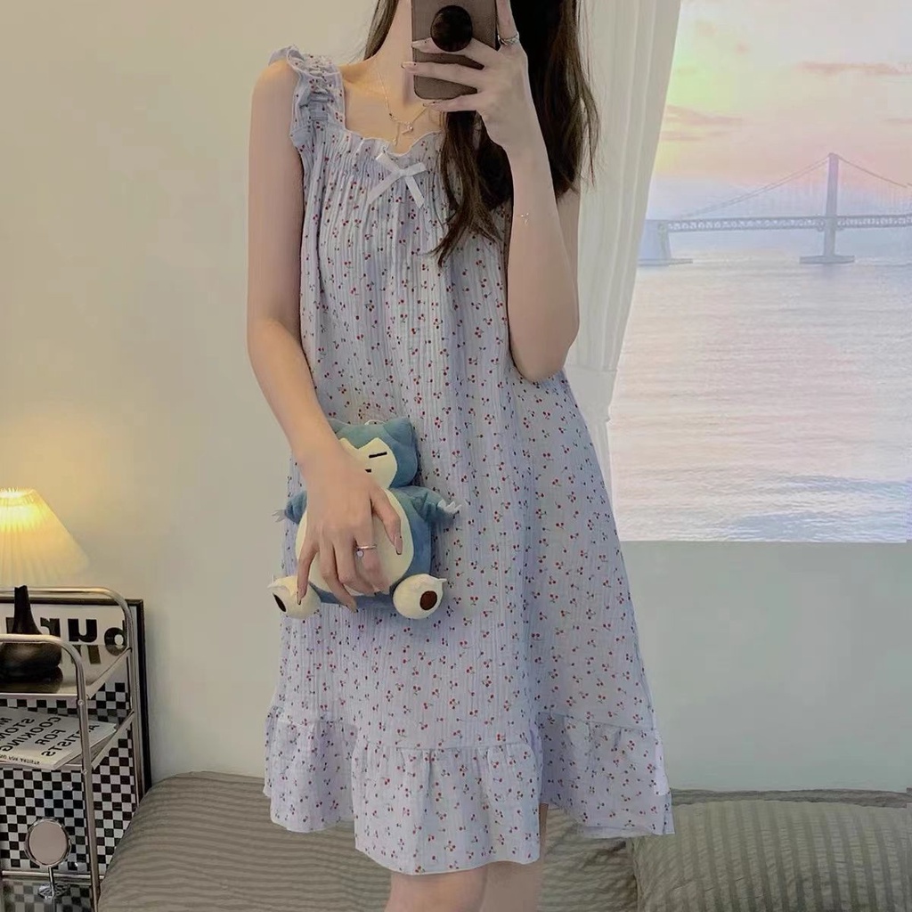 Đầm ngủ hai dây ren dáng dài họa tiết in hình hoa kiểu Pháp mùa hè dành cho nữ