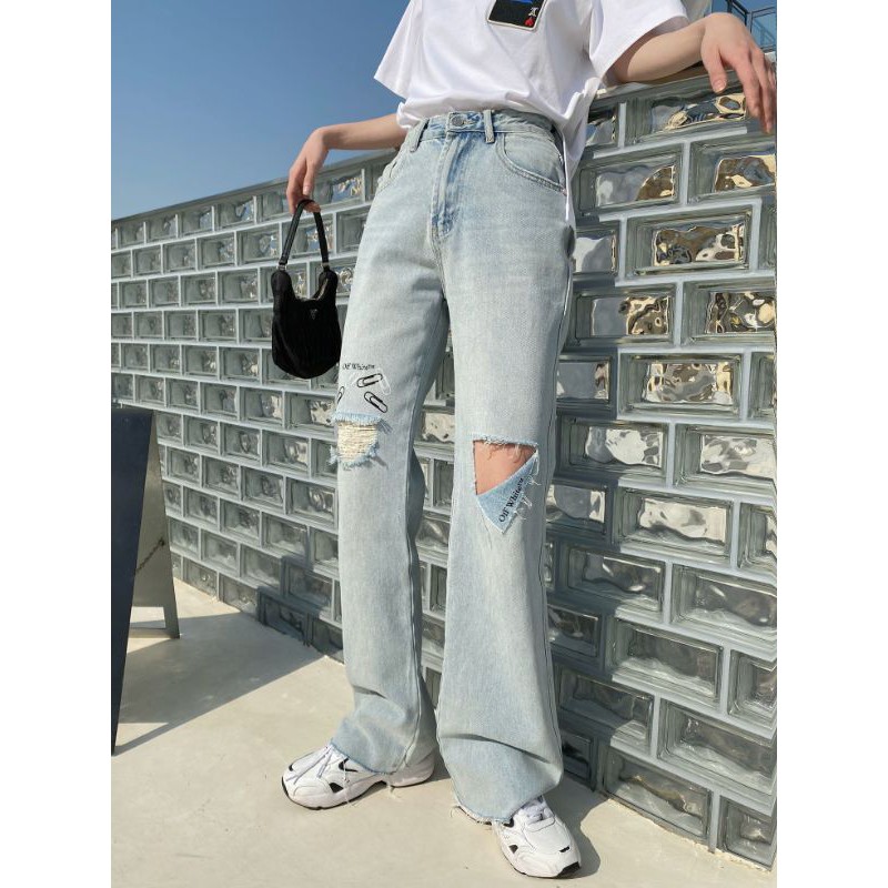 quần jeans nữ cạp vừa ống rộng dài ống rách cá tính off white