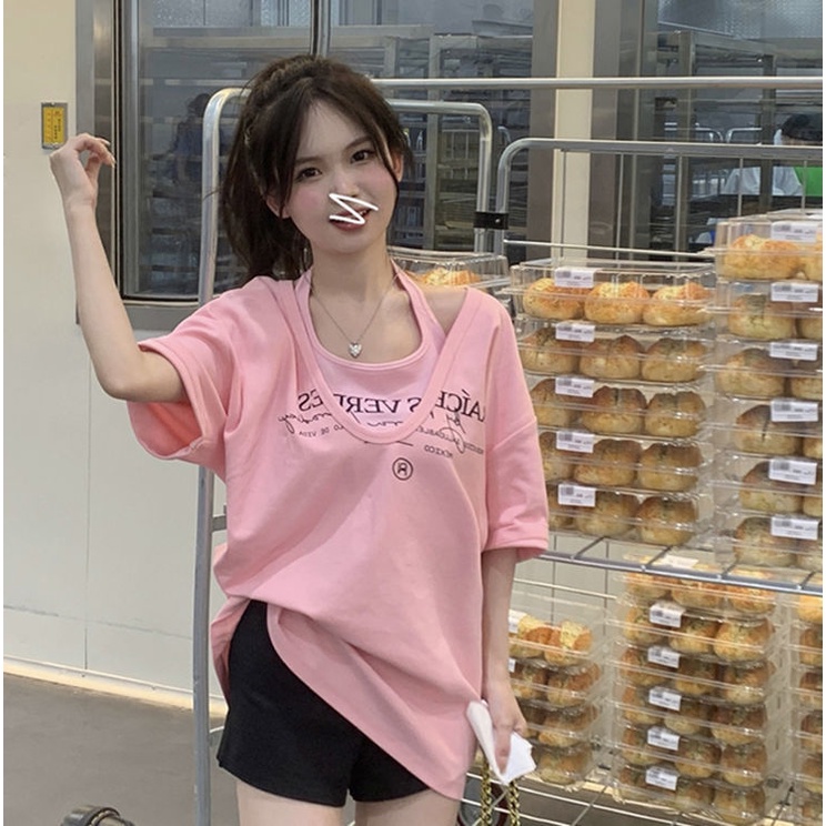 Áo Thun Ngắn Tay Giả Hai Lớp Phong Cách Trẻ Trung Dành Cho Nữ
