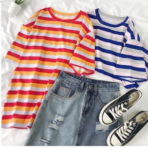 Áo thun Cotton unisex tay lỡ form rộng Áo phông nam nữ kẻ ngang dày mát basic tee ulzzang